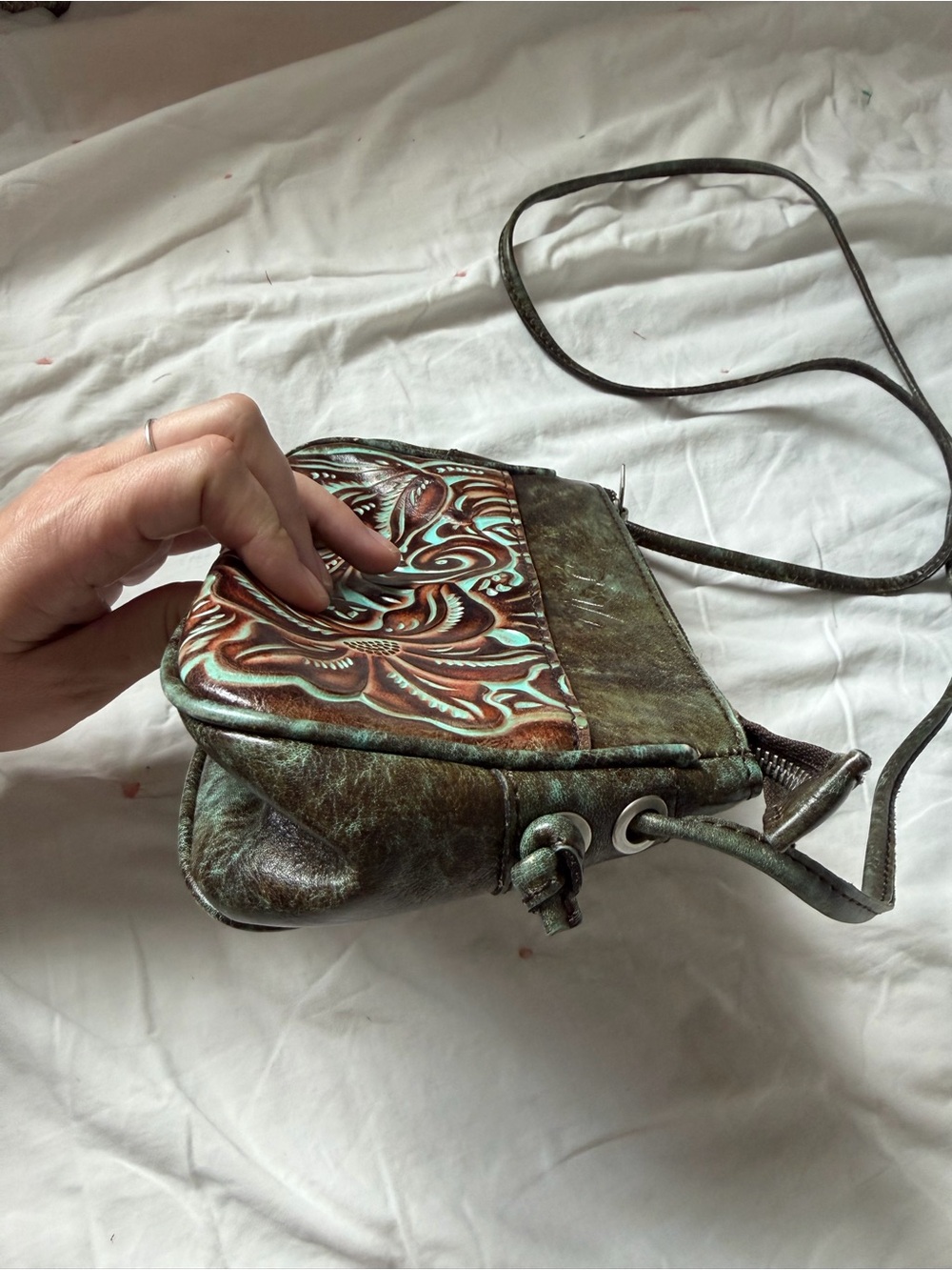Patricia Nash Teal Brown Tooled Leather Crossbody Bag - Picture 4 of 7
